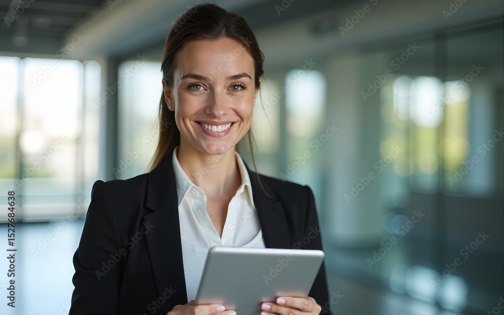 Smiling businesswoman holding tablet in modern office building. High quality Smiling businesswoman holding tablet in modern office building. High quality