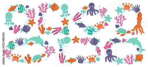 Underwater sea life frames, nautical borders with whimsical cartoon weeds and aquatic creatures