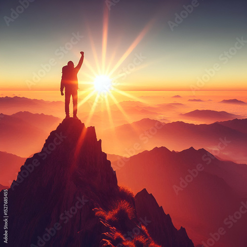A person standing triumphantly on a mountain peak at sunrise, symbolizing personal accomplishment.