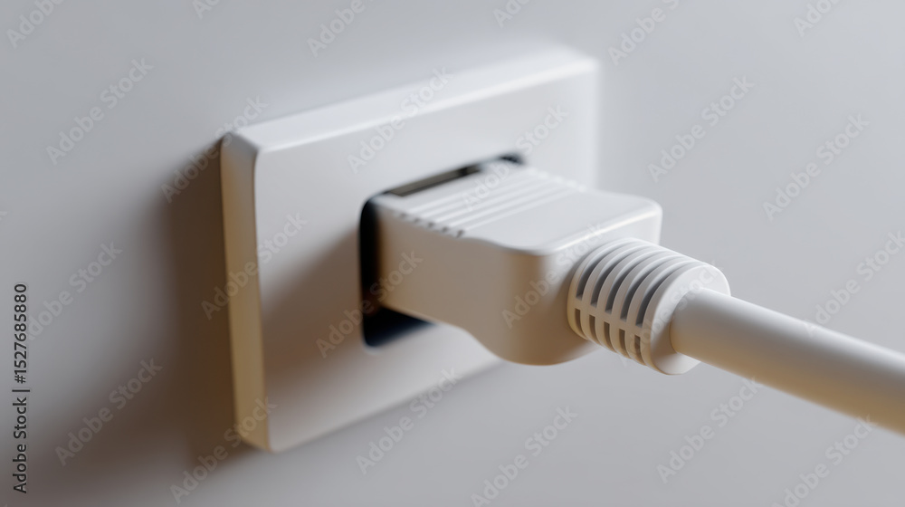 Close up of white electrical plug connected to wall socket, showing modern and clean design, with focus on connection point and cable, conveying technology and power supply concepts Close up of white electrical plug connected to wall socket, showing modern and clean design, with focus on connection point and cable, conveying technology and power supply concepts