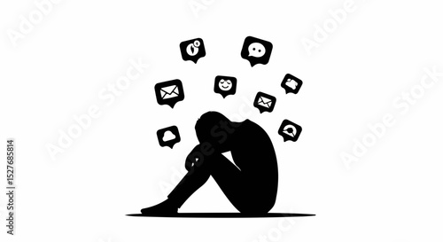 The Weight of Social Media Notifications A Silhouette of Overwhelmed Person Surrounded by Social Media Icons Representing the Pressure and Stress of Online