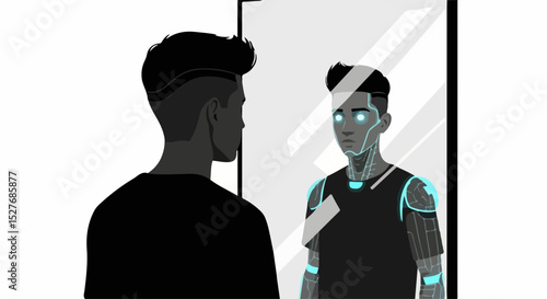 Human Confronting Their Robotic Reflection A Conceptual Illustration of Identity Technology and the Blurring Lines Between Humanity and Artificial Intelligence in a Modern