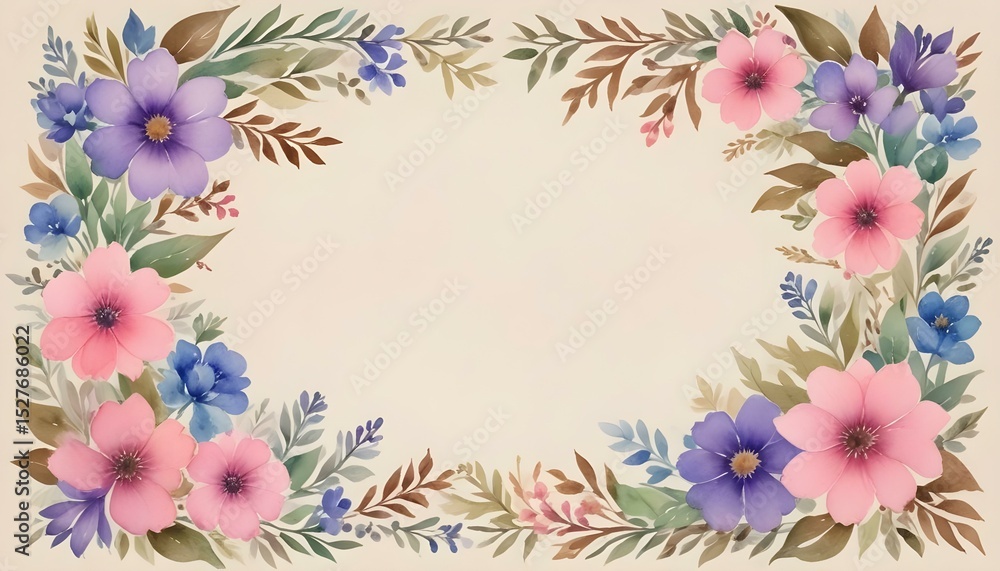 Obraz premium Watercolor floral frame with pink, purple, and blue flowers on a beige background.