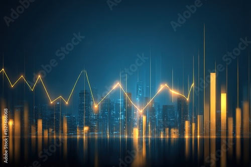 Abstract gold finance graphs over city skyline for investment visuals
