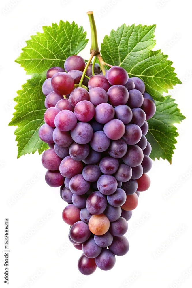 Obraz premium Perfect bunch of red grapes with green leaves isolated on white background