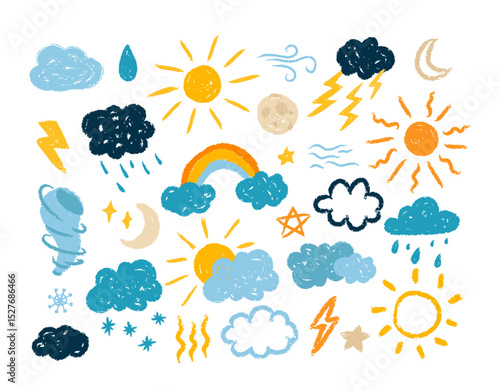 Colorful crayon weather kids hand drawn elements set with clouds, sun, thunderbolt and rainbow