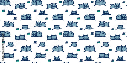 Cute Seamless Hippo Pattern Illustration.
カバのかわいいシームレスパターンイラスト