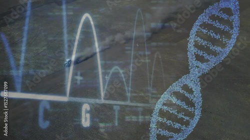 Pickup truck entering field kicking dust while DNA sequencing graph cycling peaks and helix pulsing