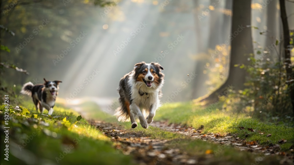 Obraz premium A pair of energetic dogs running joyfully through a sun dappled forest path