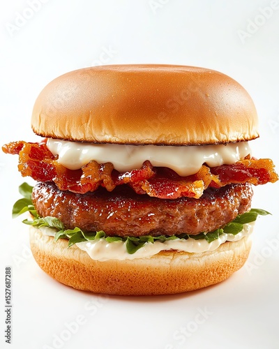 highresolution photograph of a levitating mini slider burger with golden bun and crispy bacon