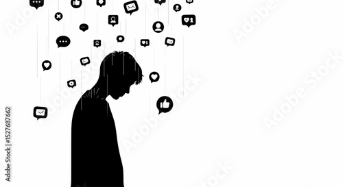 Social Media Overload A Silhouette of a Person Overwhelmed by Notifications and Messages Representing Digital Fatigue and the Pressure of Online Presence