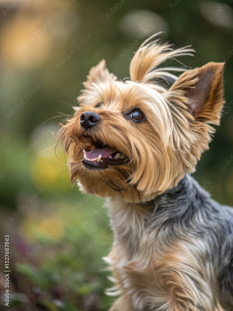 Charming Yorkshire Terrier dog looks up with an inquisitive expression, outdoors. Charming Yorkshire Terrier dog looks up with an inquisitive expression, outdoors.