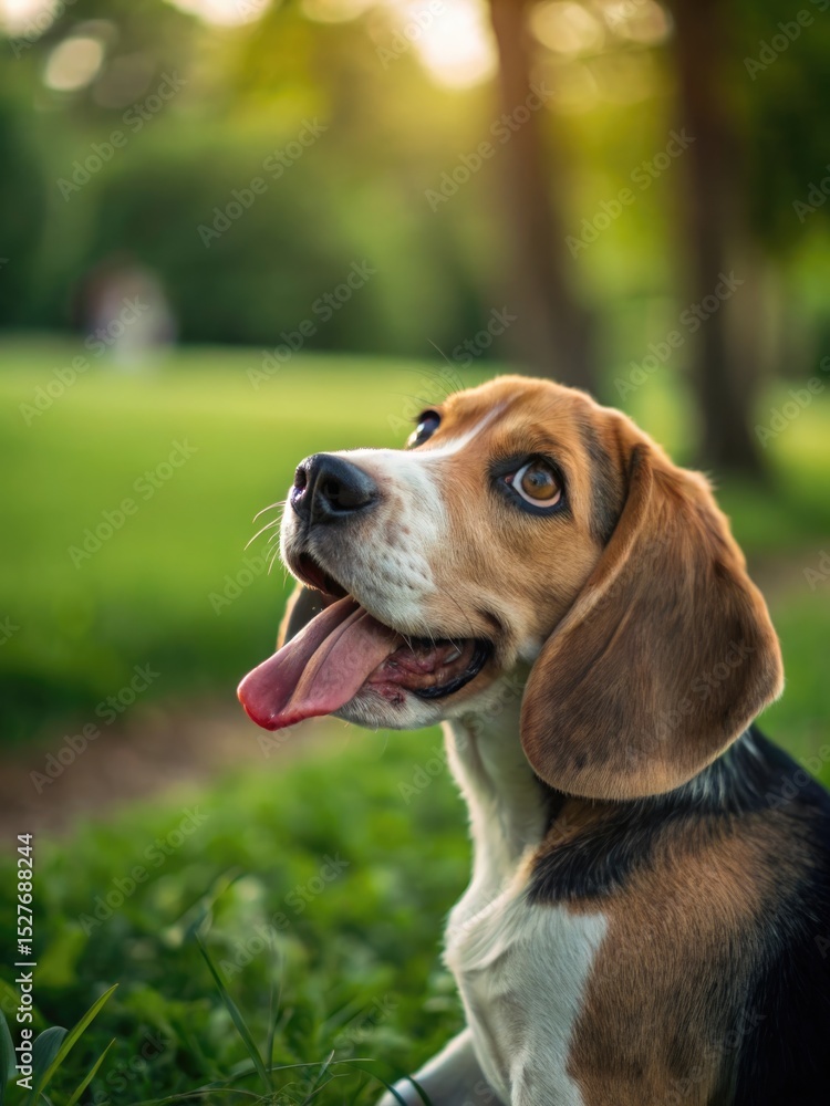 A lovely beagle dog is seen outdoors, looking up with a happy expression on its face. A lovely beagle dog is seen outdoors, looking up with a happy expression on its face.