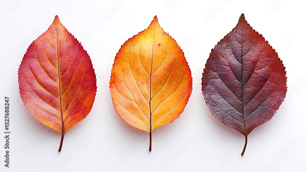 Fototapeta premium Three vibrant autumn leaves displaying beautiful colors on a clean white background