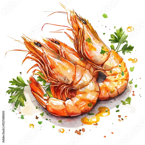 Garlic Shrimp, watercolor drawing vector, high quality, isolated on a white background.