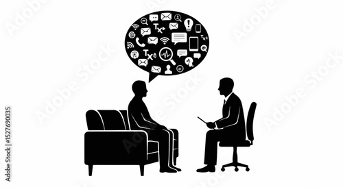 Silhouette Illustration of Therapy Session with Social Media Overload Depicting Digital Anxiety and the Impact of Technology on Mental Health and Communication