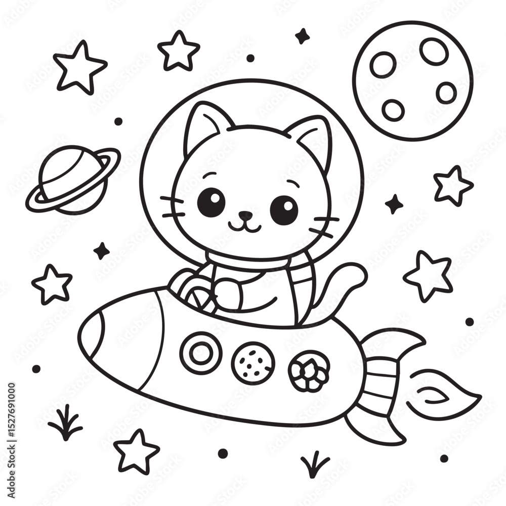 Fototapeta A cute cat is comfortably sitting on a rocket while soaring through the vast expanse of space, surrounded by twinkling stars and planets