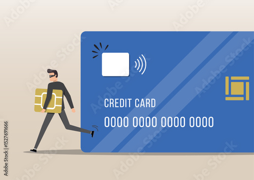 a masked thief stealing the chip from a large credit card