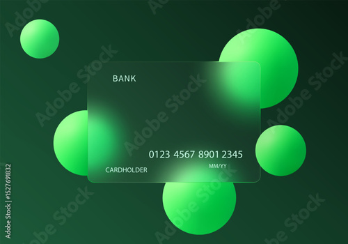 Green bank card with glowing spheres on dark background