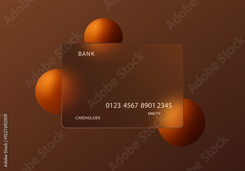 Glass morphism website landing page template. Bank card with glass overlay effect on floating gradient spheres. Frosted glass effect on dark background.