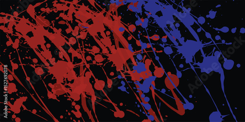 Artistic paint splatter abstract composition with red and blue splashes on a black background for creative visuals and design