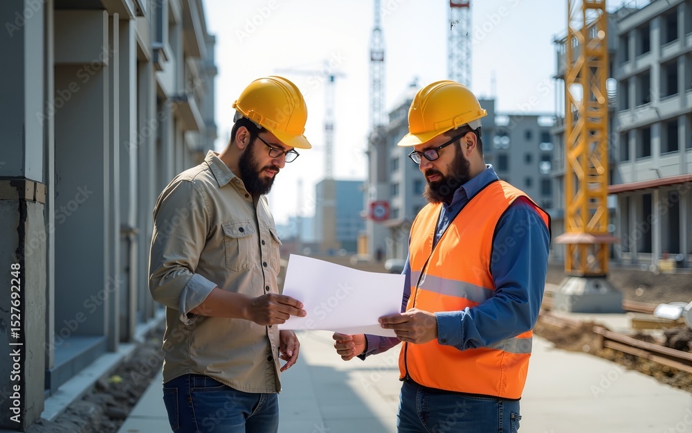 Engineers analyzing blueprints and discussing progress at construction site. High quality Engineers analyzing blueprints and discussing progress at construction site. High quality