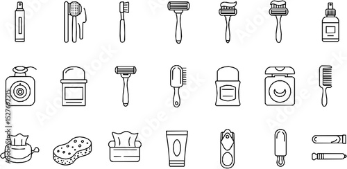 Hygiene Products Vector Icon Set | Adjustable Line Weight | Toothbrush, toothpaste, razor, deodorant, floss, tampon, comb, sponge, tissues, clippers, cleanliness, self-care, shaving icons