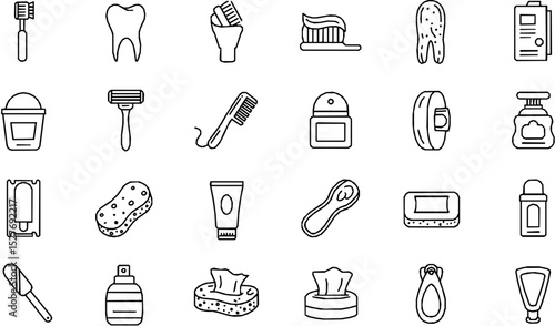 Hygiene Products Vector Icon Set | Adjustable Line Weight | Toothbrush, toothpaste, razor, deodorant, floss, tampon, comb, sponge, tissues, clippers, cleanliness, self-care, shaving icons