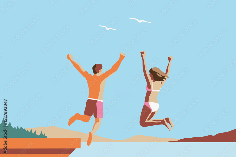 custom made wallpaper toronto digitalJoyful jump of a man and woman into a lake during sunny summer day