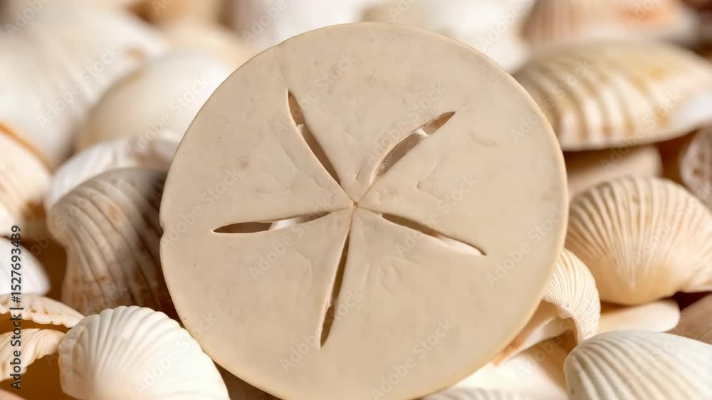 Close-up of a round sand dollar resting on a bed of small seashells, highlighting the starfish pattern and intricate textures. Close-up of a round sand dollar resting on a bed of small seashells, highlighting the starfish pattern and intricate textures.