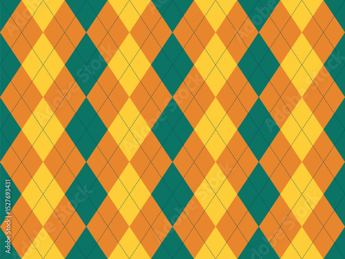 Vibrant argyle pattern in teal, gold, and burnt orange.  A classic yet modern design perfect for backgrounds, textiles, or branding.  This seamless texture evokes feelings of sophistication and style.