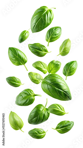 flying fresh basil leaves isolated on transparent white background png, clipping path