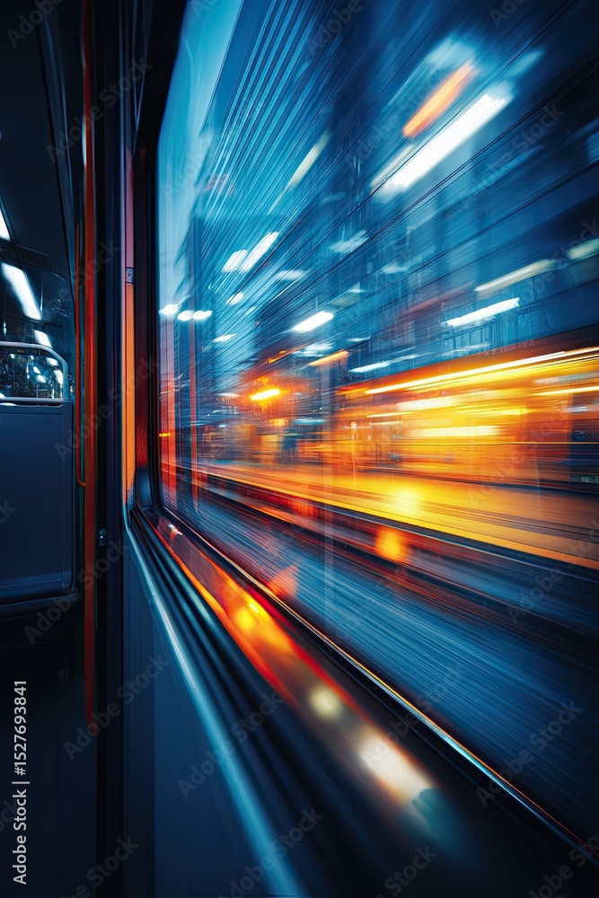 Fast train through urban night. City lights blur, seen through train window Fast train through urban night. City lights blur, seen through train window
