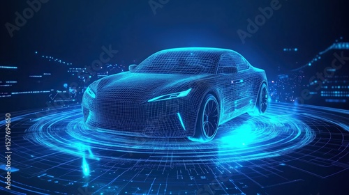  A Futuristic Car Surrounded by Blue Glowing Lines, Featuring Data Visualization That Showcases Innovation, Leading to a New Future of Smart Driving and Safety