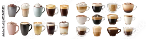 Panel kuchenny z motywem set of Variety of coffee drinks in different mugs. isolated on transparent background