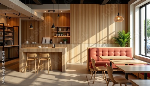 Wallpaper Mural minimalist café with wood accented zone divisions and cozy corners, warm ambient lighting, no people, blurred backdrop, 4k. Torontodigital.ca