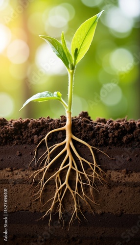 Healthy plant sprouting from soil with roots under sunlight  