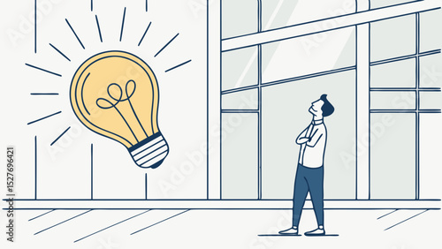 Creative Innovation ideas, thinking motivation success inspiration strategy, SVG Vector of Businessman gazes at large lightbulb,