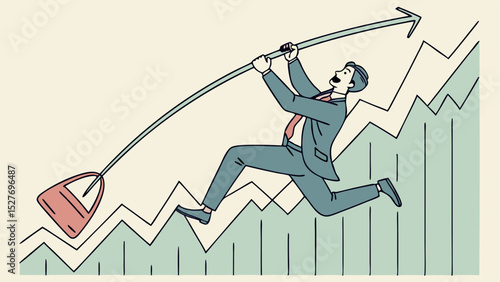 Success and growth, line graph upward, achievement strategy, SVG Vector businessman is depicted pole vaulting over line graph