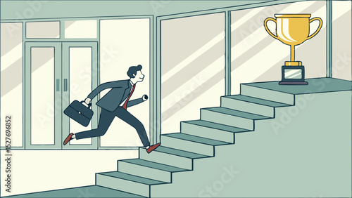 Success and ambition, Businessman runs up stairs toward trophy,