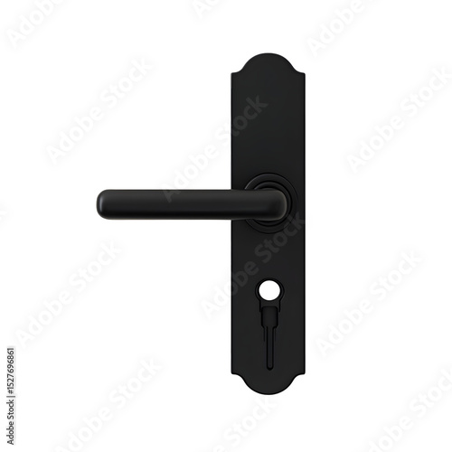 Modern black door handle with keyhole on transparency background, minimalist design