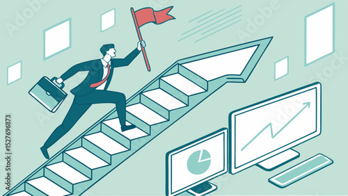 Success and ambition in career growth, Businessman runs up staircase with flag,
