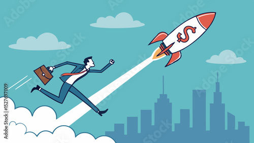 Ambition speed achievement finance management success in vibrant city, SVG Vector, Businessman chases dollar sign rocket,