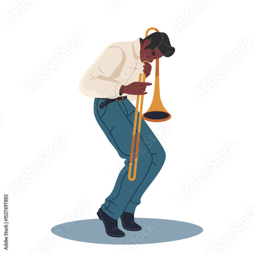 Man playing saxophone or male jazz musician. Vector isolated performer with brass wind instrument. Blues sax solo player or band performance. Saxman at live concert or entertainer at studio recording.