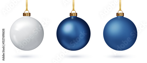 Blue Christmas bauble set PNG. 3D Realistic ornaments for holiday tree or festive project. Vector EPS.