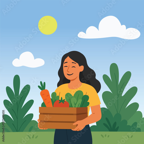 A woman who has just harvested her garden produce