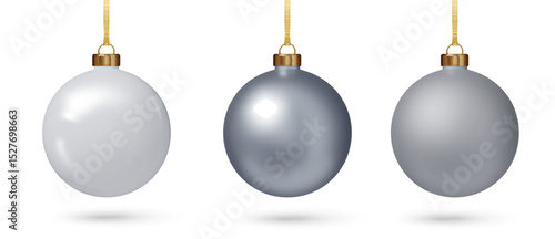 Silver Christmas bauble set. 3D Realistic ornaments for holiday tree or festive project. Vector EPS. PNG