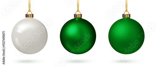 Green Christmas bauble set.  PNG 3D Realistic ornaments for holiday tree or festive project. Vector EPS.