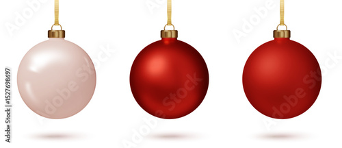 Red Christmas bauble set. 3D Realistic ornaments for holiday tree or festive project. Vector EPS. PNG