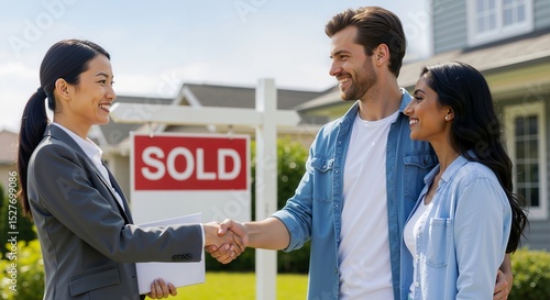 Woman real estate agent shaking hand with man. Couple buying new house with sold sign. Homeowner and property concept